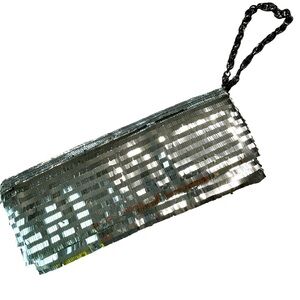 BCBGMazAzria Silver Sequined Fold-over Clutch detachable Wristlet